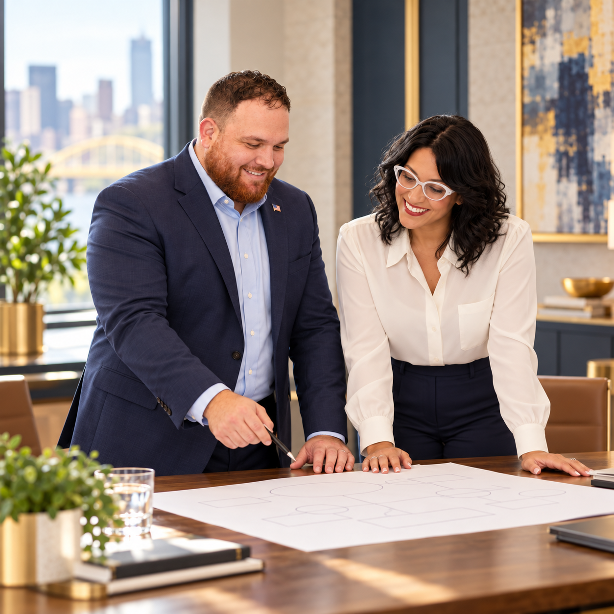 Illustrative scene of Rob Hamilton in a navy suit and American flag pin reviewing a team plan with a woman in white glasses