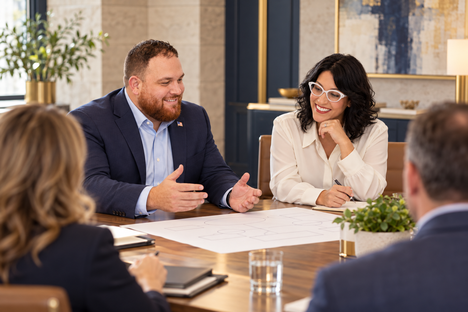 Illustrative scene of Rob Hamilton in a blue suit and American flag pin discussing a plan with a woman in white glasses at a boardroom table