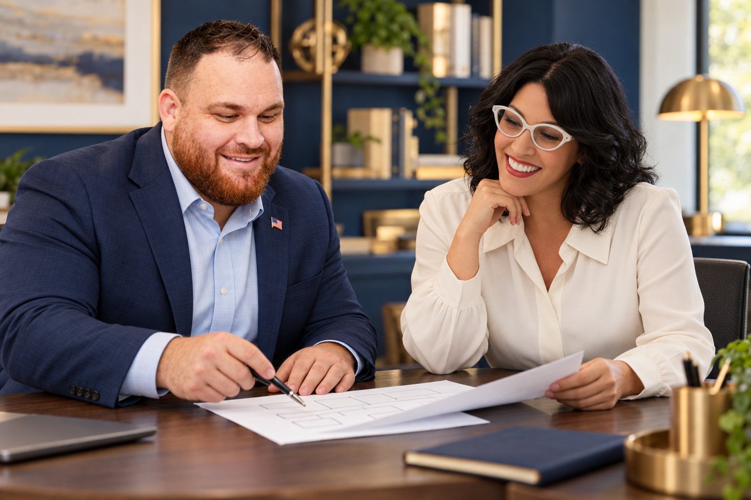 Illustrative image of Rob Hamilton in a blue suit with an American flag pin reviewing a plan at a desk with a client wearing white glasses