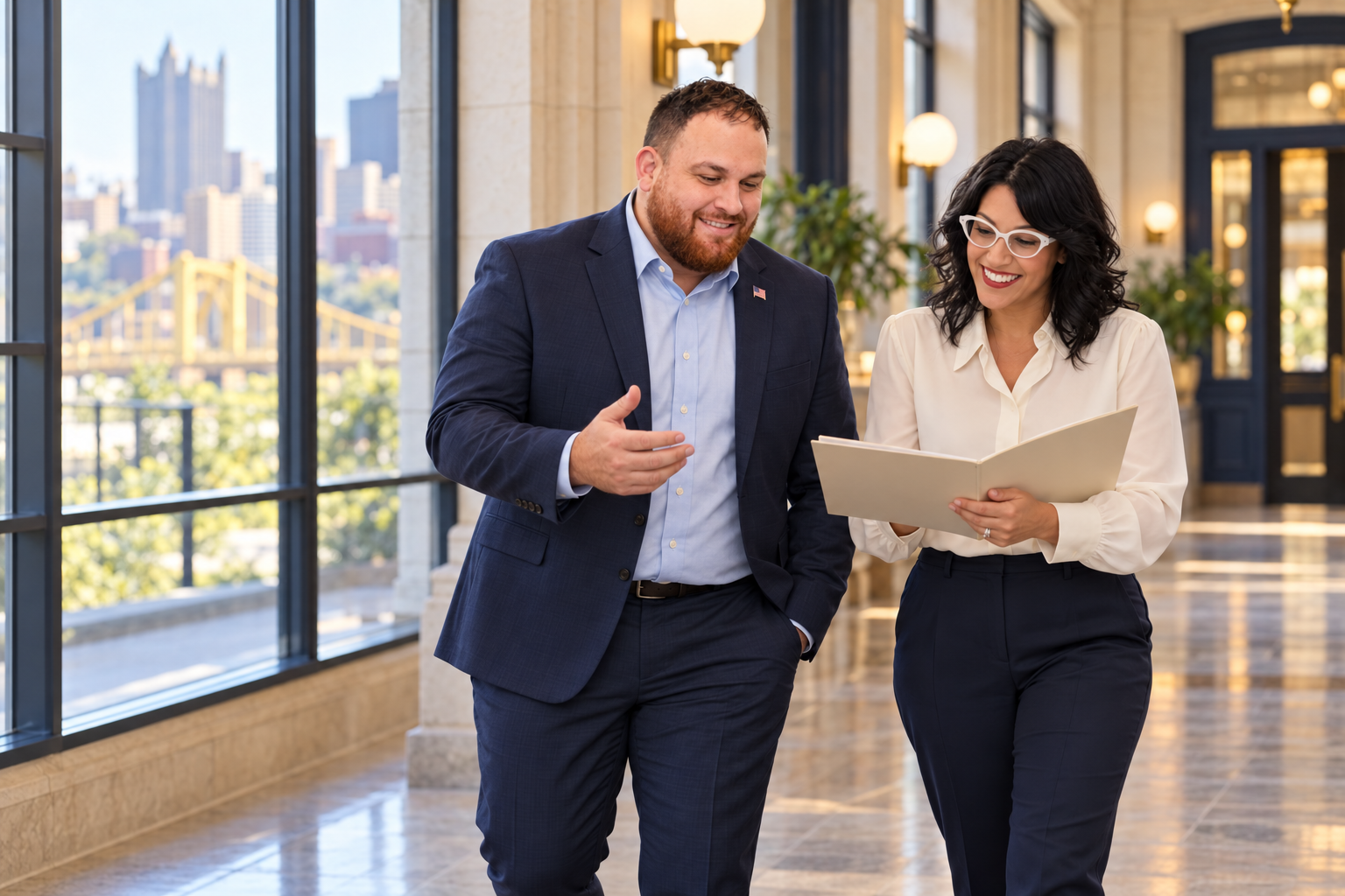 Illustrative scene of Rob Hamilton in a blue suit and American flag pin reviewing a folder with a woman in white glasses in a community center corridor